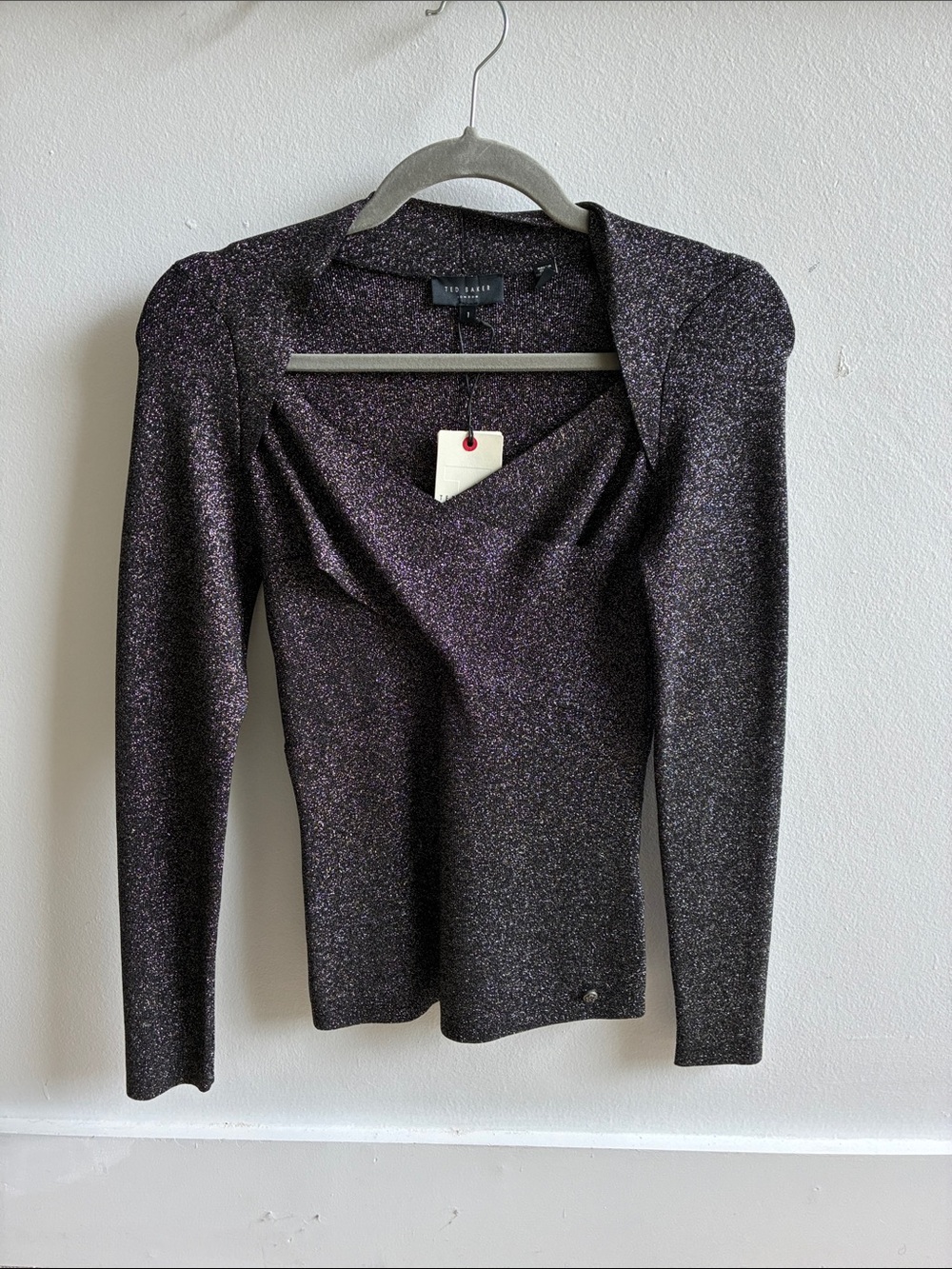 Ted Baker Black Long Sleeve Sparkle Cowl Neck Top with silver Shimmer